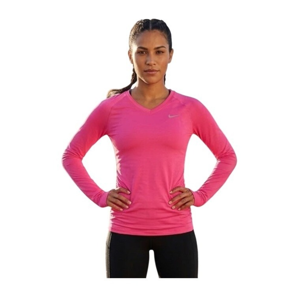 Nike Pro Combat Fitted Dri-Fit Tee Hot Pink Activewear Long Sleeve‎ V-Neck XS